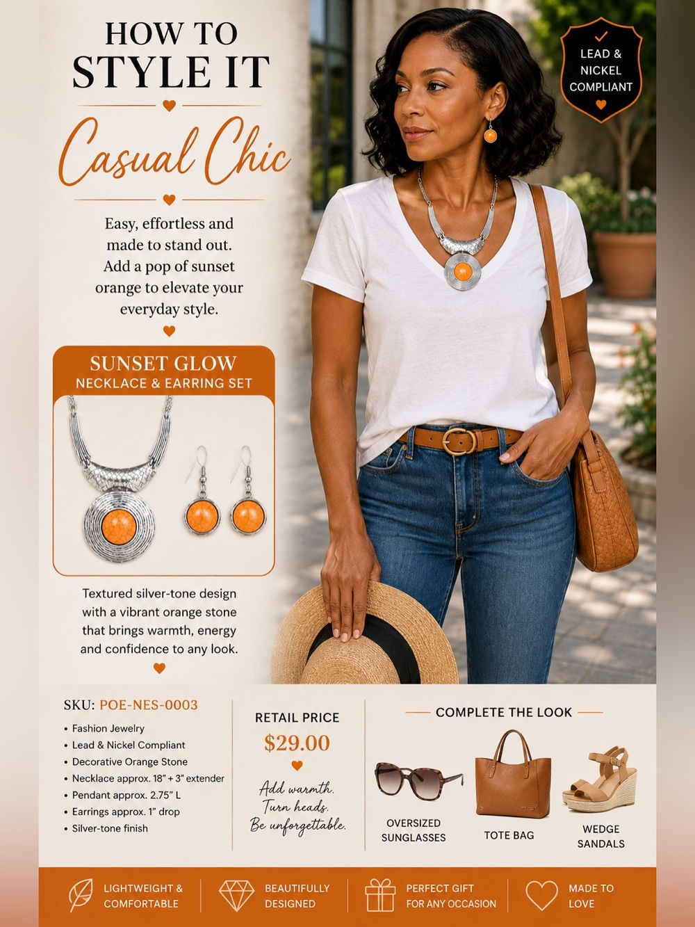 Sunset Glow Orange Stone Silver-Tone Statement Necklace Earring Set